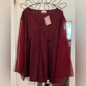 Fashion Nova Plus Red Blouse with Bell Sleeves and Tie Front